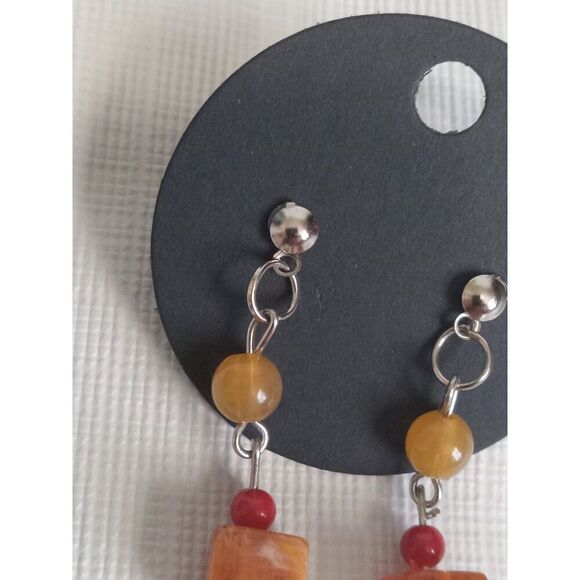 Red Round and Orange Cube Beaded Post Backs Dangle Style Lightweight Earrings - Picture 8 of 11